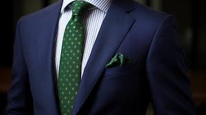 Navy suit with green tie and pocket square